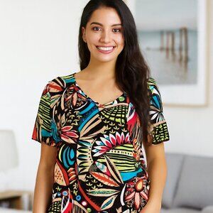 Laura Ashley Women L Abstract Multicolor Spandex Short Sleeve Western Artsy L